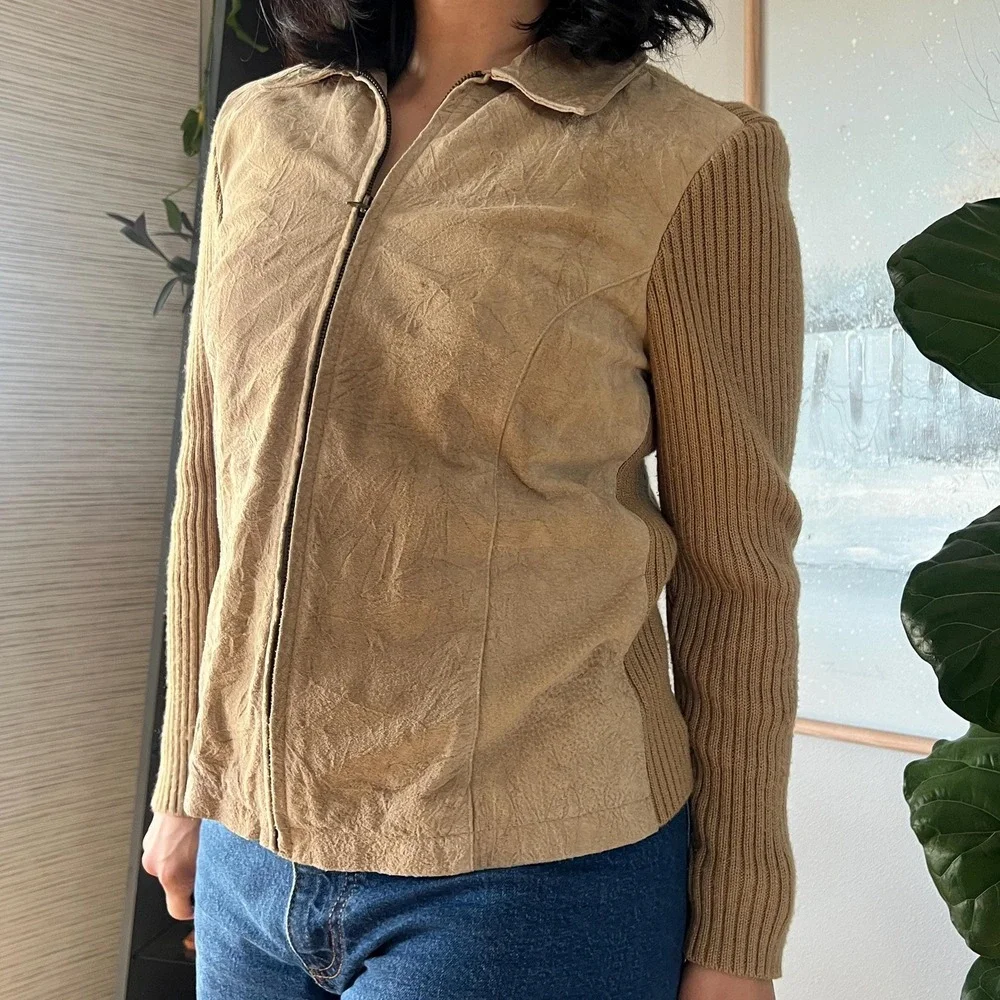 Vintage Leather Suede Knit Jacket Tan Zip Up Fitted Equestrian Minimal 90s‎